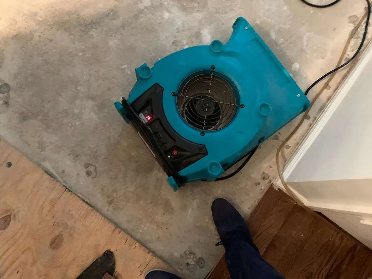 Air mover drying subfloor during Commercial Water Damage Restoration in Middleton